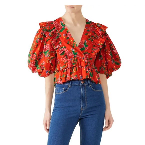 RHODE Tops - RHODE Elodie Ruffled Puff Sleeve Red Floral Crop Top Women Size Small Ruffle
